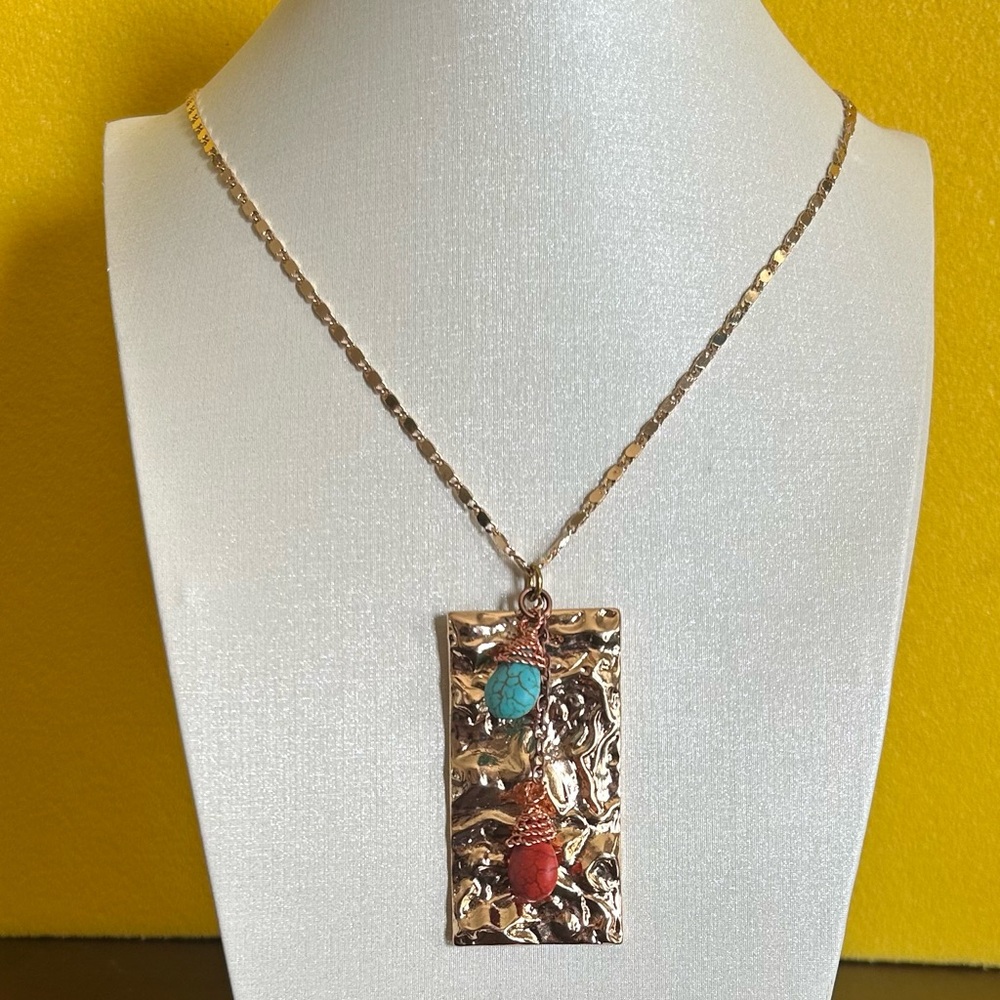 Gold Pendant Necklace with Turquoise and Coral Accents